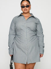 Publicity Long Sleeve Mini Dress Blue Pinstripe Curve