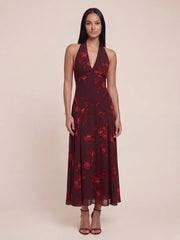 Halter V-Neck Drop Waist Georgette Midi Dress