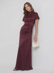 High Boat Neck Stain Maxi Dress With Ruched Detailing