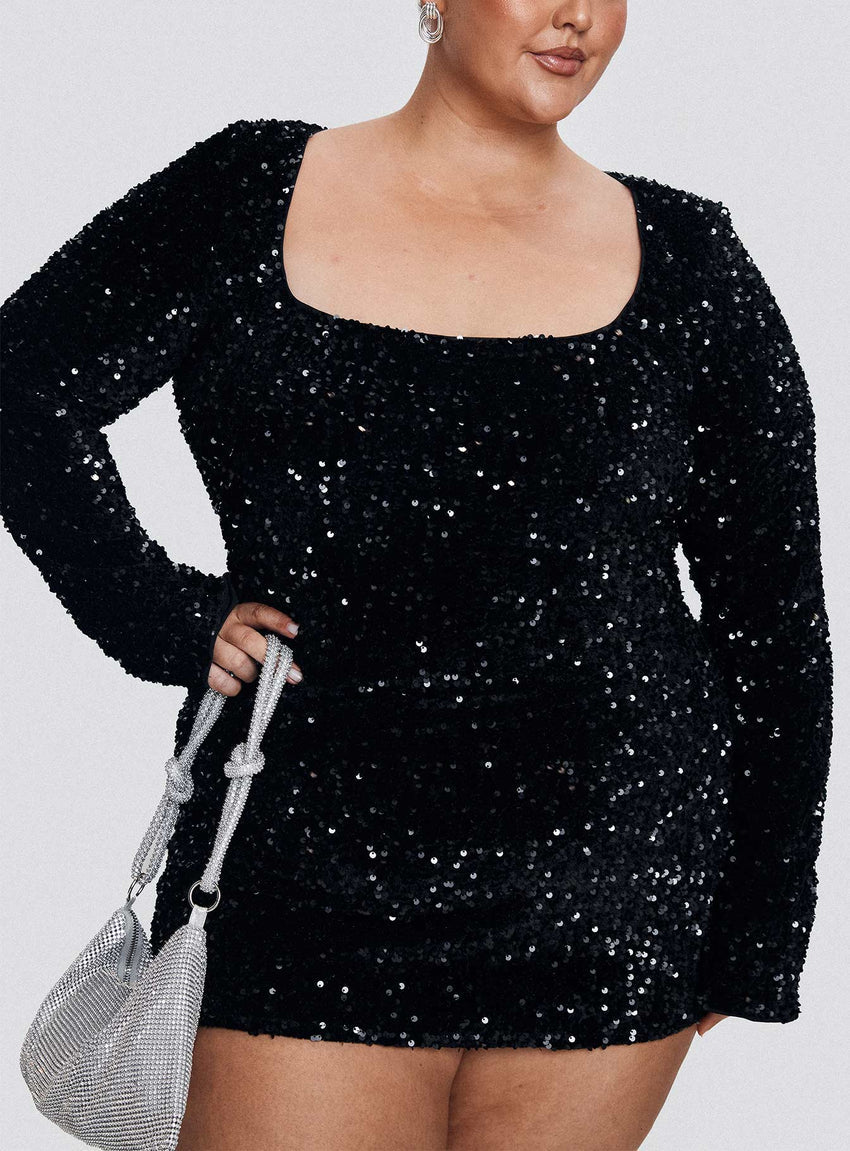 Vinelle Long Sleeve Mini Dress Black Curve