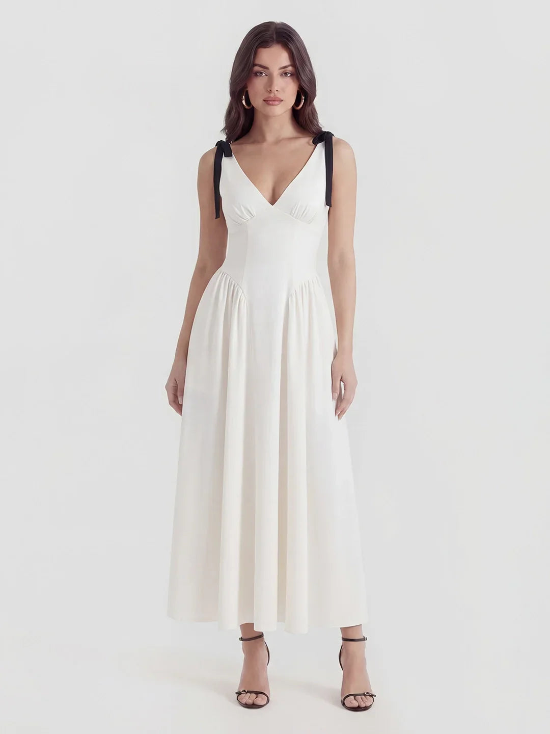 V-Neck Fitted Waist Maxi Dress With Bow Straps