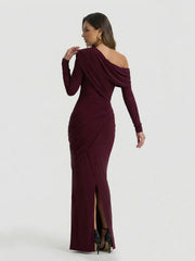 Asymmetric-Neck Maxi Dress With Ruched Detailing