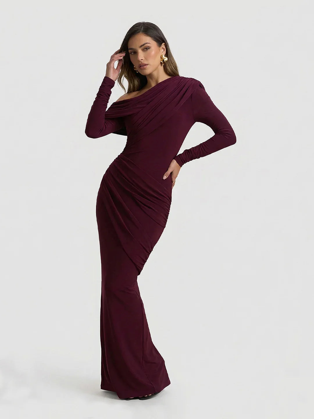 Asymmetric-Neck Maxi Dress With Ruched Detailing