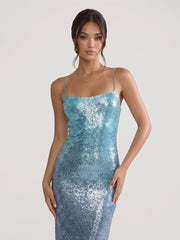 Gradient Ocean-Hued Sequin Maxi Dress